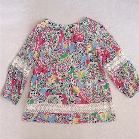 Crown & Ivy | Multicolor Crochet Lace Inset V-Neck Boho Peasant Blouse (M) - Picture 9 of 15